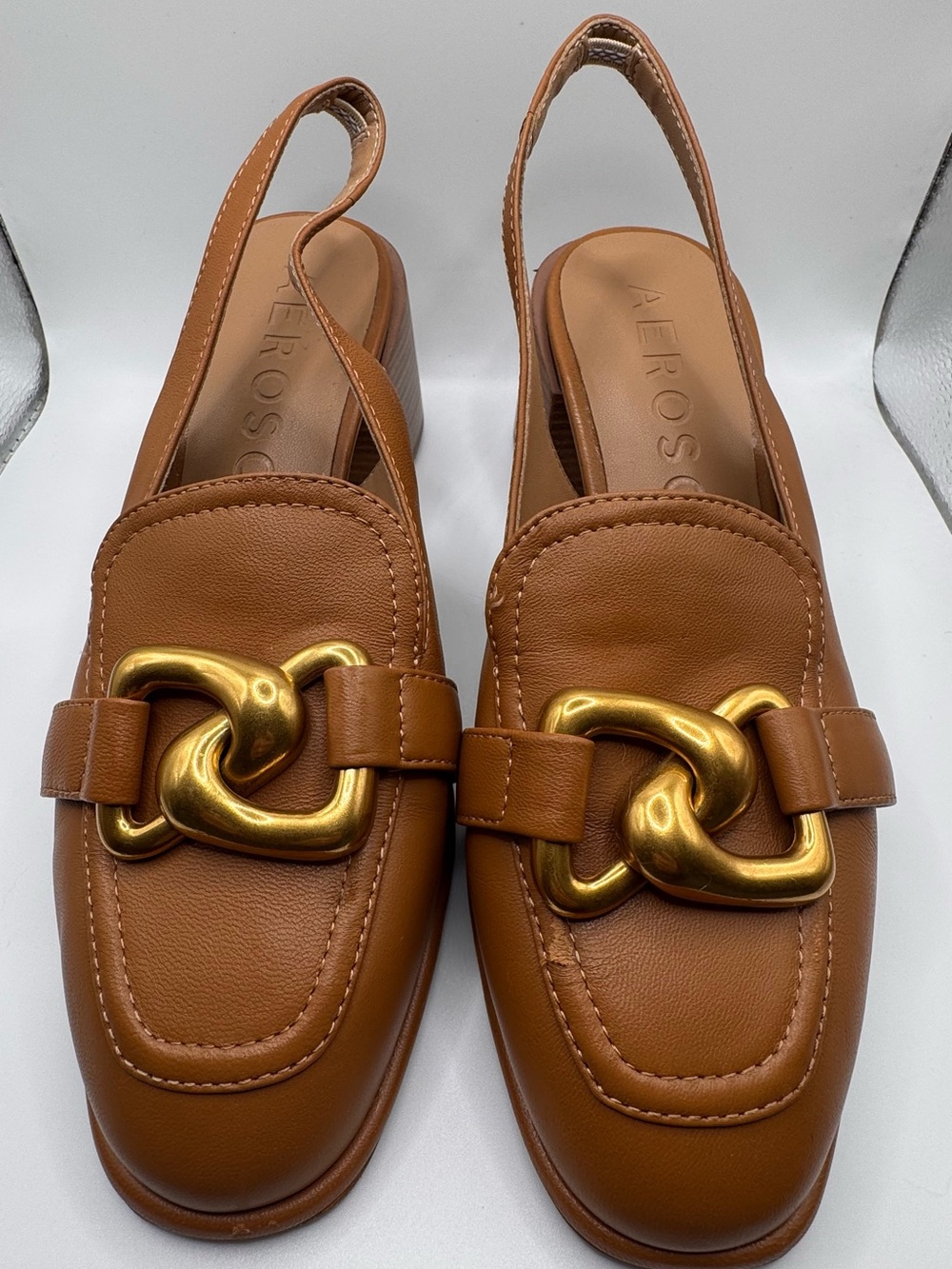 Aerosoles Allure Womens 6M Tan Leather Gold Chain Slingback Block Heel Shoes Box